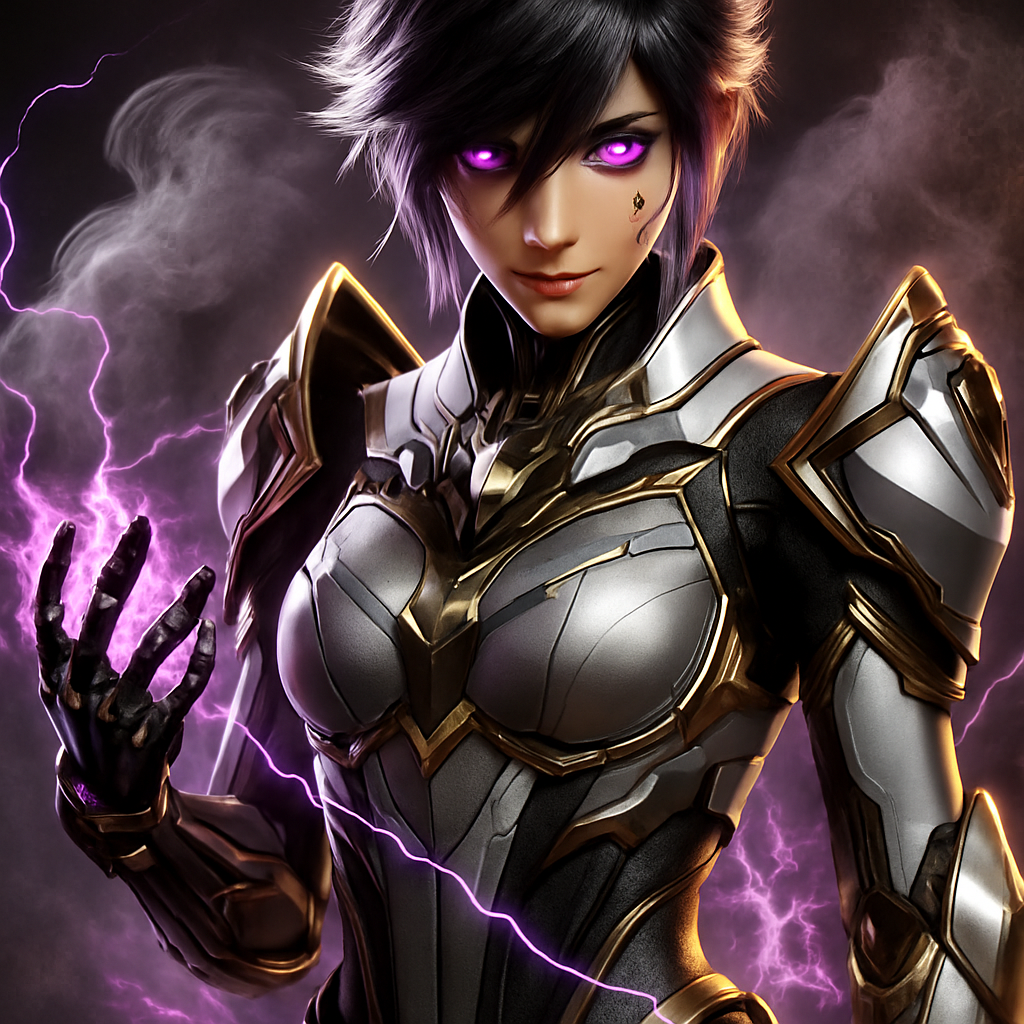 A powerful, futuristic character with glowing purple eyes, displaying an electric energy emanating from their hand