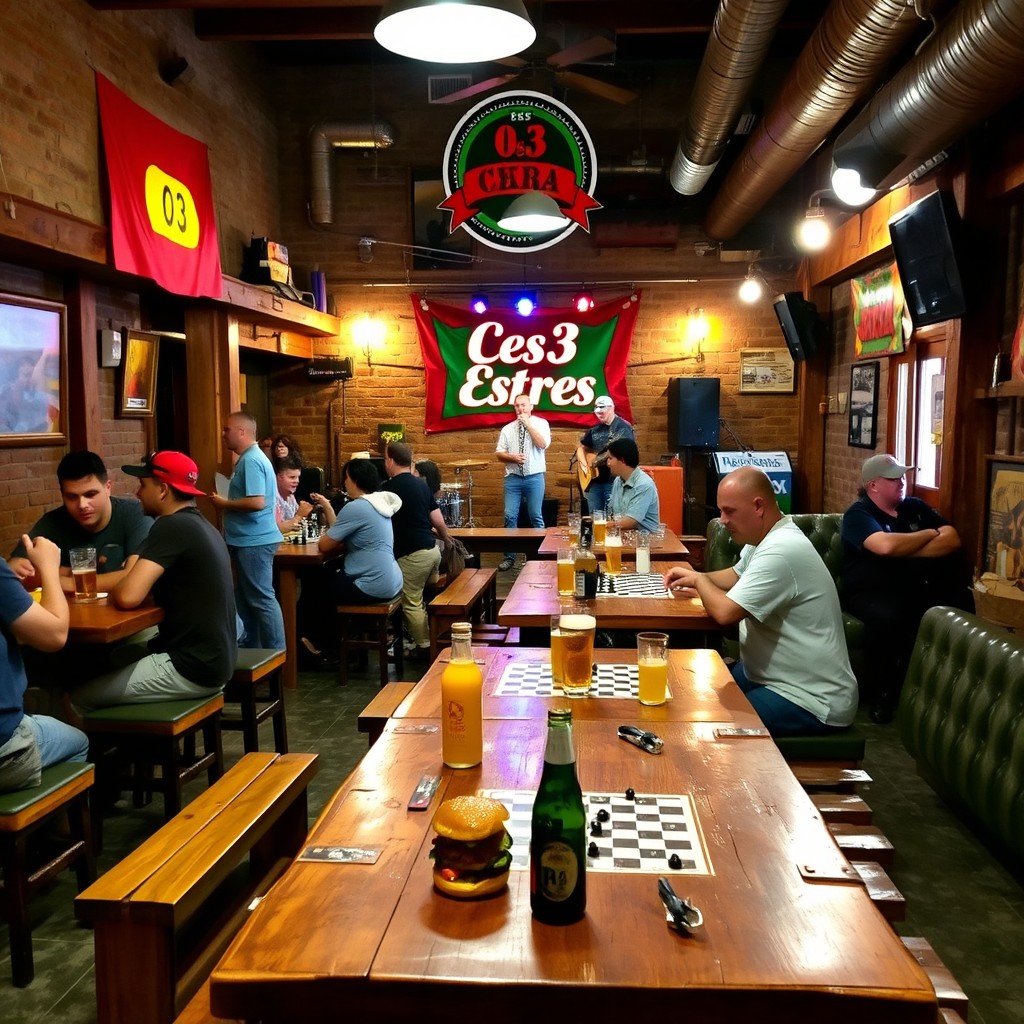 A vibrant and lively scene at a bar named '0 es 3 Cero Estrés', showcasing a rustic brewery ambiance