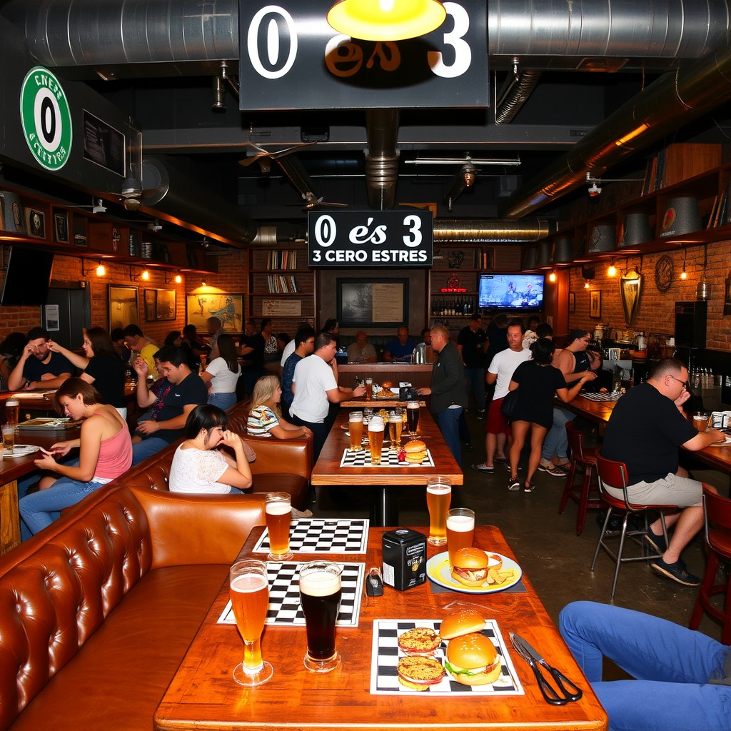 A vibrant bar scene at '0 es 3 Cero Estrés' brewery, showcasing a lively atmosphere with tables filled with patrons enjoying a variety of draft beers