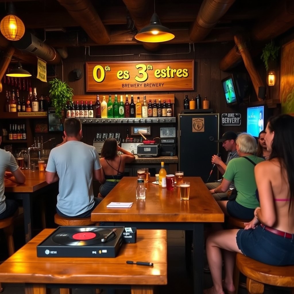 A vibrant bar scene at '0 es 3 cero estrés' brewery, featuring a rustic Rasta theme with colorful décor, lively ambiance, and a focus on relaxation