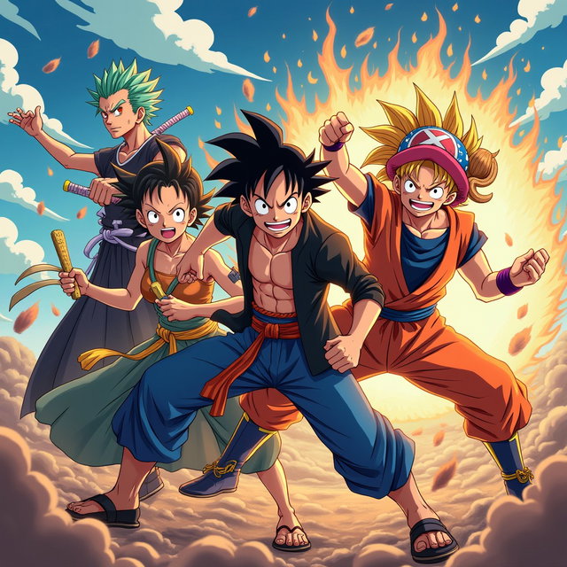 A vibrant and action-packed scene featuring Nezuko from Demon Slayer, Roronoa Zoro from One Piece, Goku from Dragon Ball, Ichigo Kurosaki from Bleach, and Tony Tony Chopper from One Piece all together in one powerful image