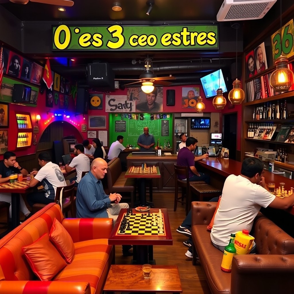 An inviting bar named '0 es 3 cero estrés', designed in a vibrant Rasta style, featuring colorful decor and an atmosphere of relaxation