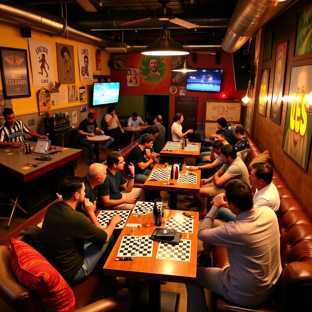 A vibrant bar scene at a rasta-themed brewery named '0 es 3 cero estrés', featuring tables with patrons enjoying a lively atmosphere