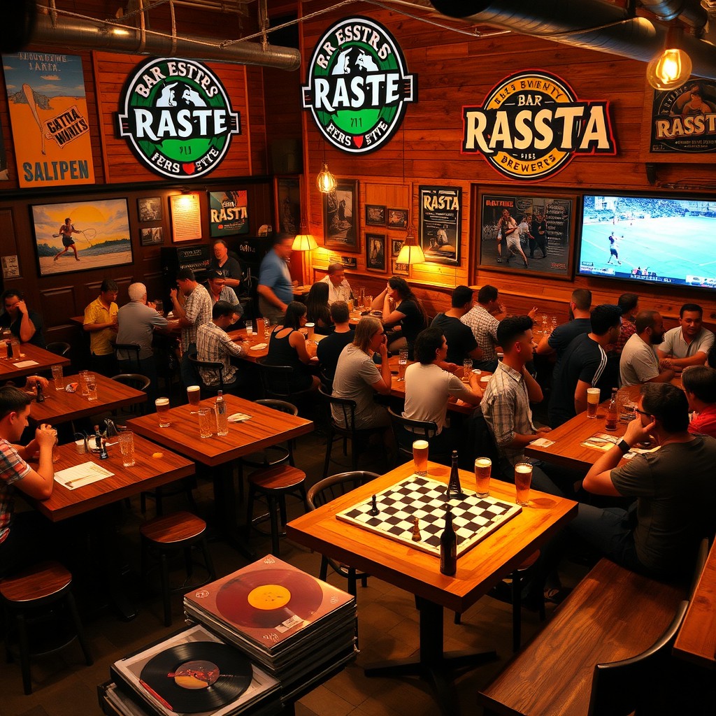 A vibrant and lively scene at a bar brewery named 'Bar Rasta', featuring the 'Cero Estrés Rasta' logo prominently displayed