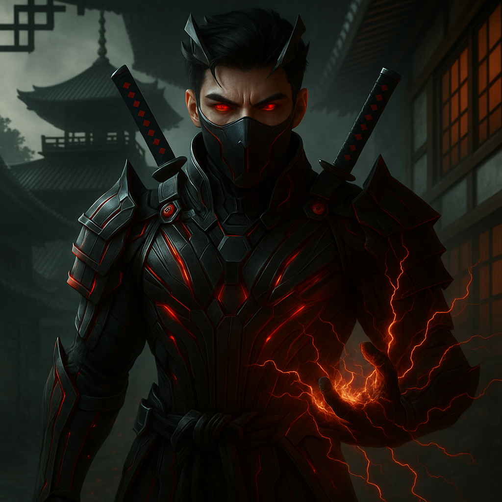 A powerful character in sleek, dark armor reminiscent of a samurai, set against a traditional Asian architectural backdrop