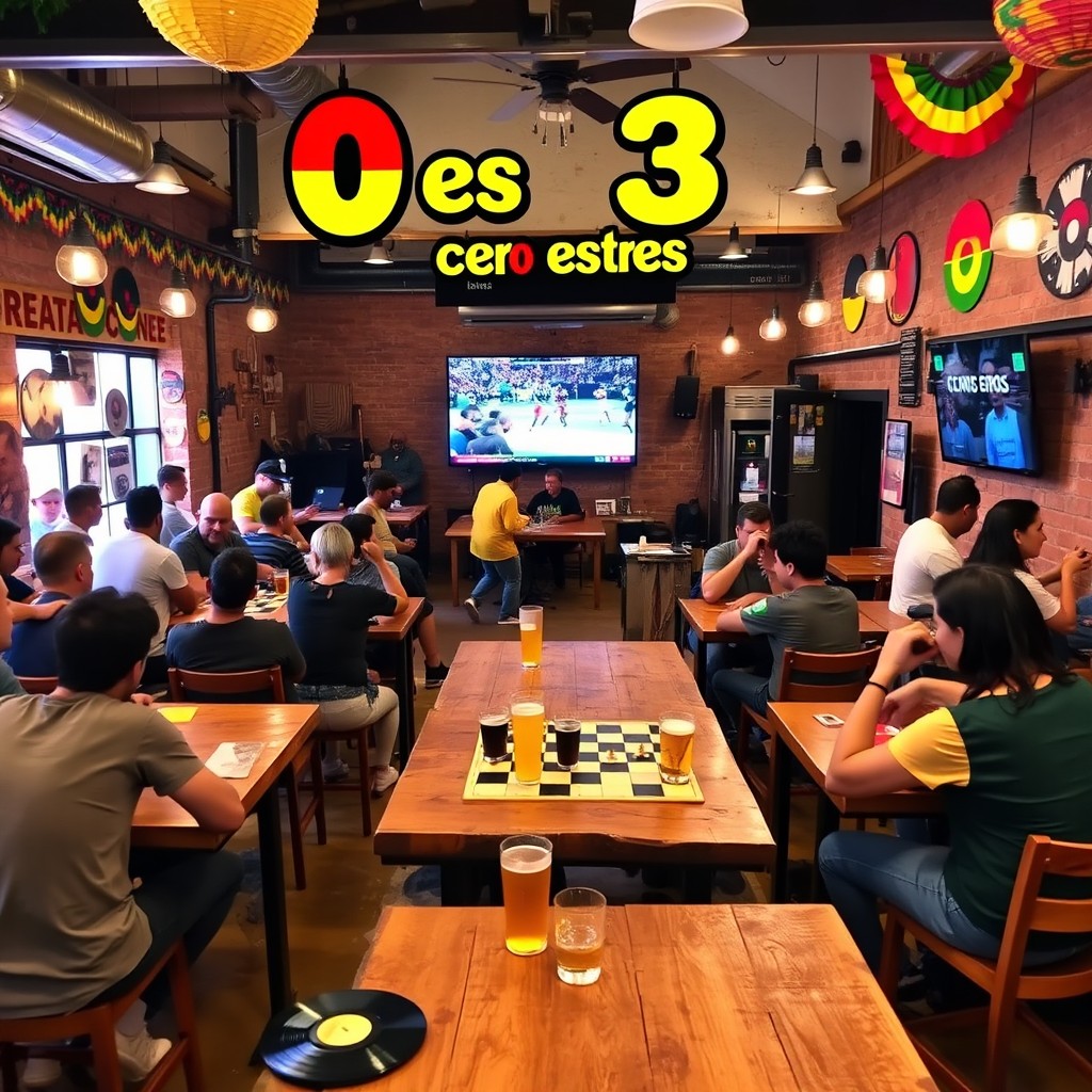 A vibrant scene of a rasta-themed brewery named '0 es 3 cero estrés' featuring striking rasta colors (red, yellow, and green) in the logo