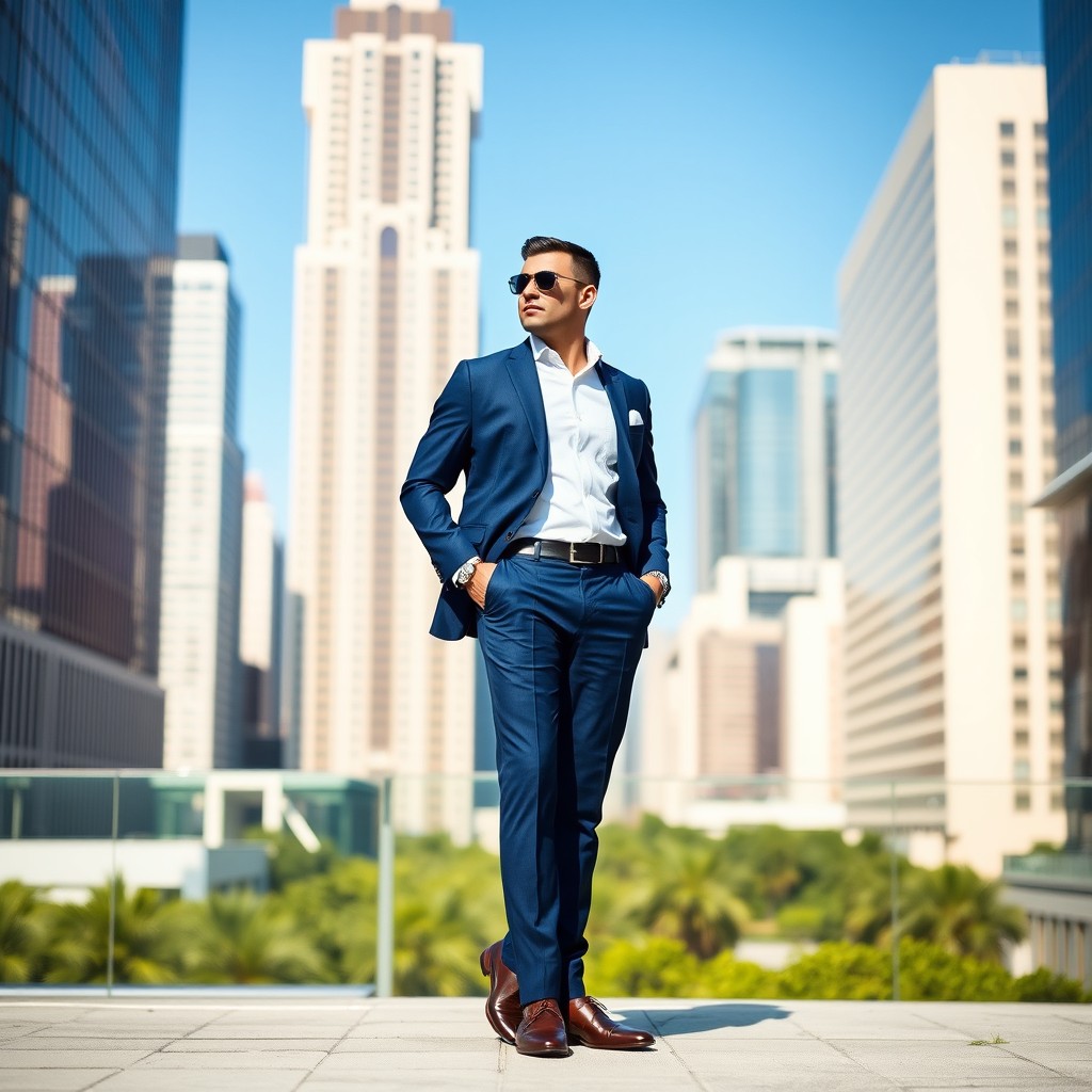 A stylish man standing confidently in a modern cityscape, wearing a tailored blue suit, crisp white shirt, and elegant formal shoes, complete with a sleek watch