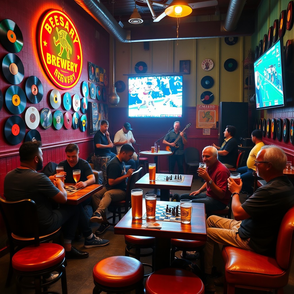 A vibrant scene capturing a lively brewery with a Rastafarian theme, featuring red, yellow, and green rasta colors prominently in the logo and decor