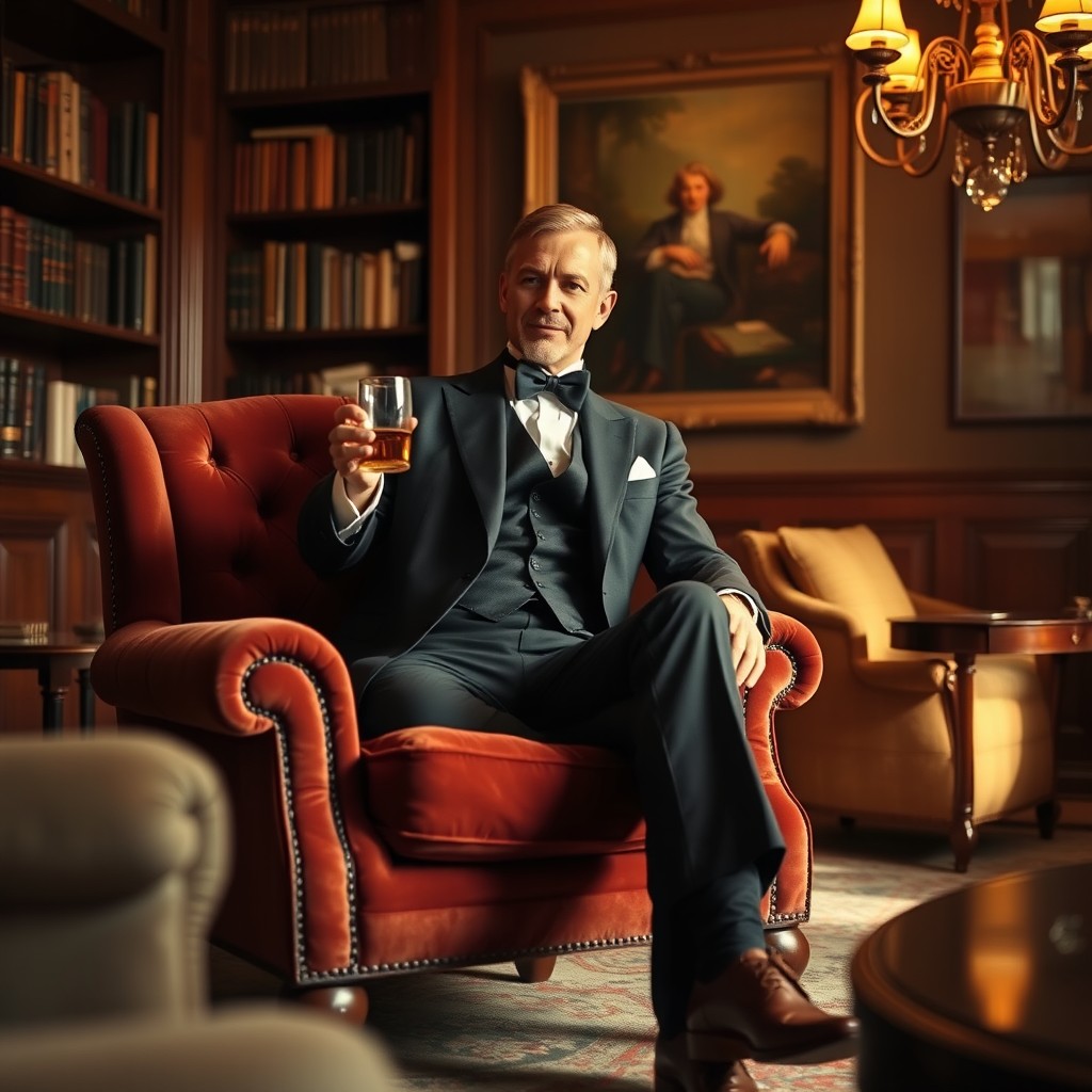 A gentleman sitting elegantly on a plush velvet chair in a tastefully decorated drawing room