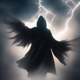 A man in a black hooded robe, backlit by ethereal wings emanating from his silhouette, bravely flying into an intense thunderstorm.