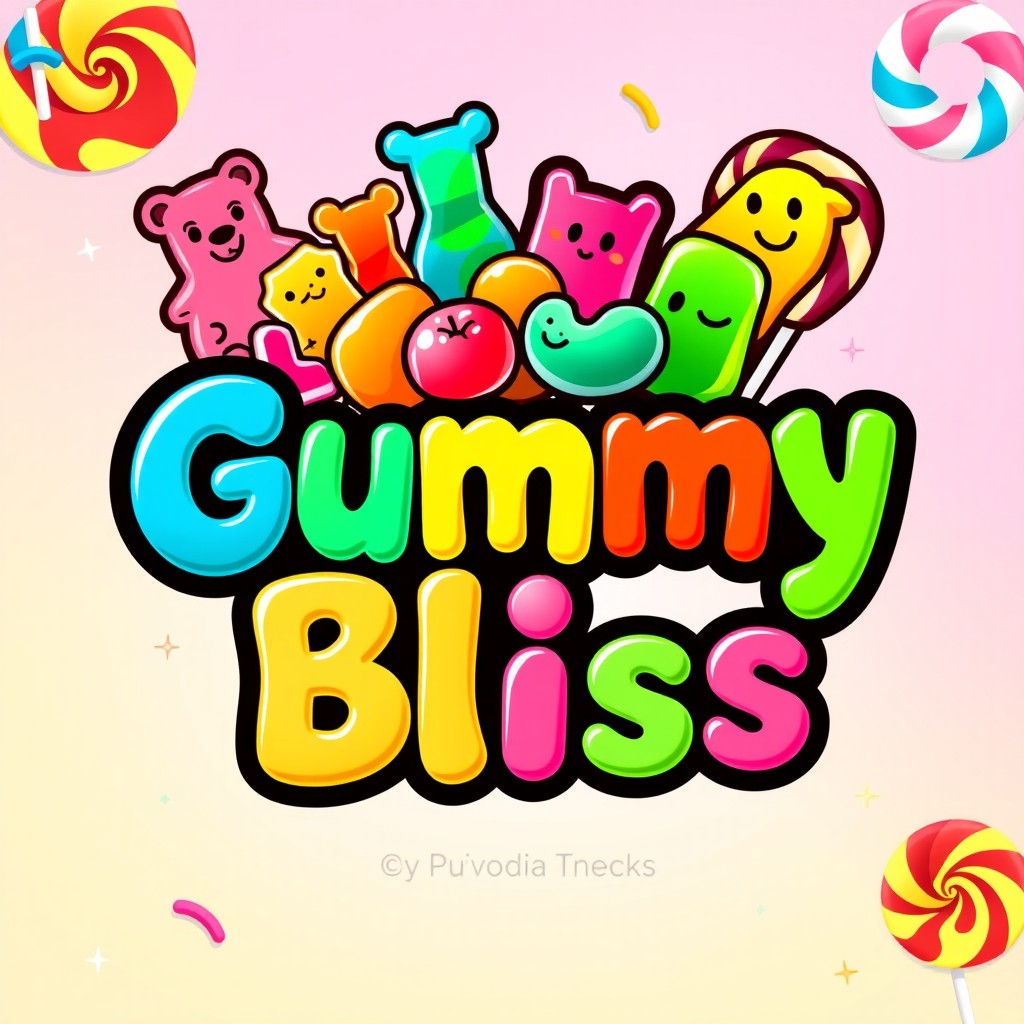 A colorful and playful logo design for a gummy candy company, featuring an array of gummy shapes like bears, worms, and fruits