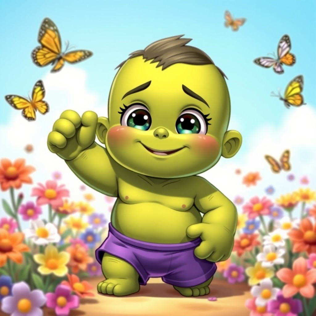 A cute version of the Hulk, depicting him with a friendly smile and big, expressive eyes