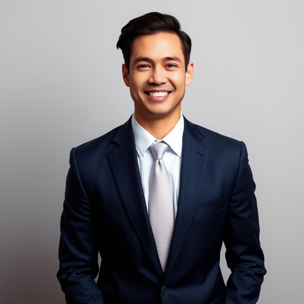 A professional individual wearing a tailored navy blue suit, crisp white dress shirt, and a neatly knotted tie, posing confidently against a neutral backdrop