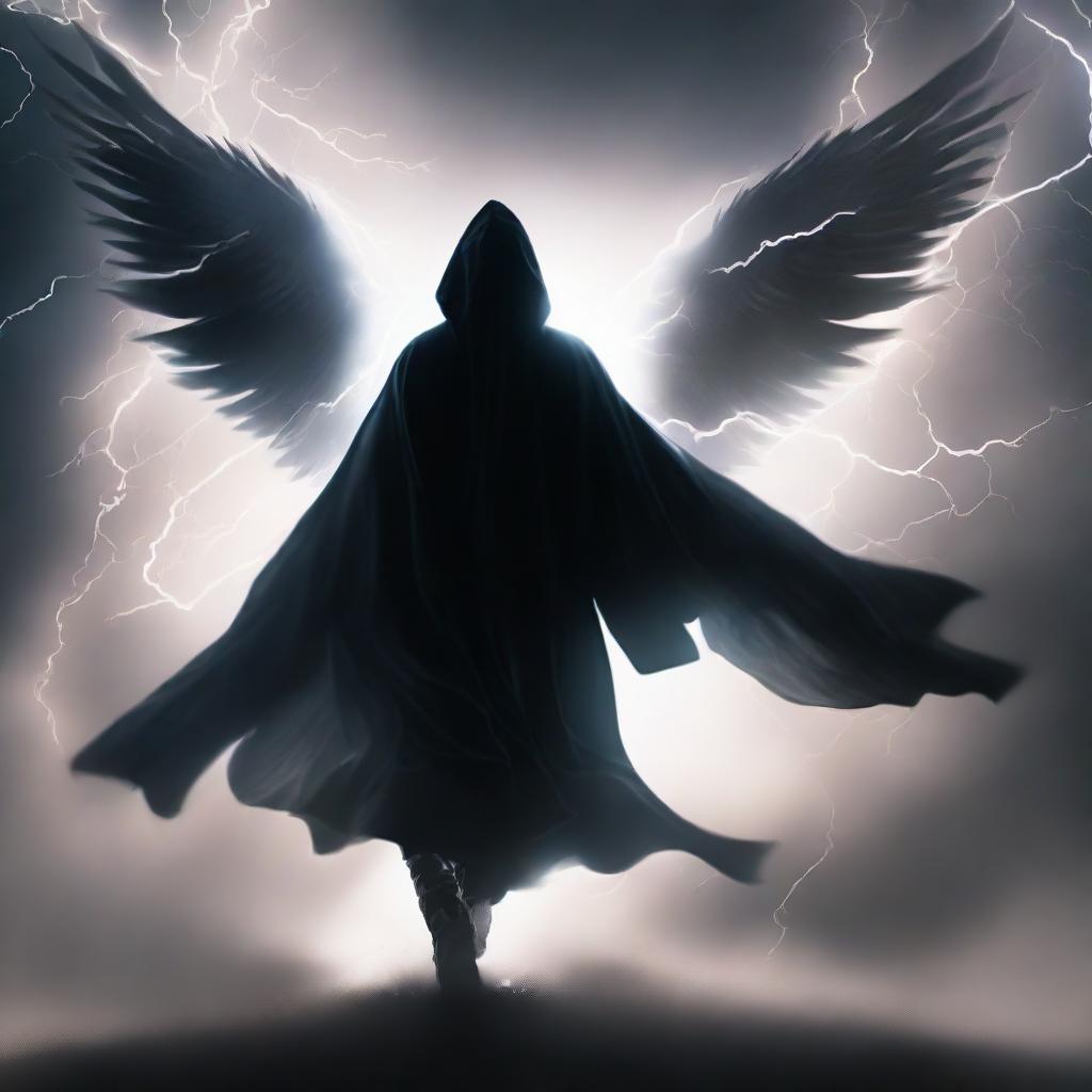 A man in a black hooded robe, backlit by ethereal wings emanating from his silhouette, bravely flying into an intense thunderstorm.