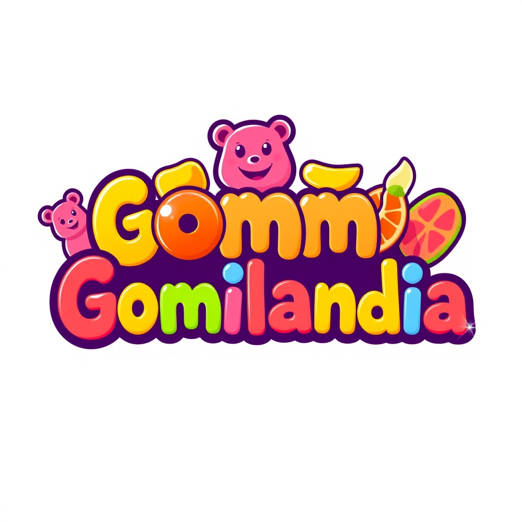 A vibrant and colorful logo for a gummy candy company named 'Gomilandia'