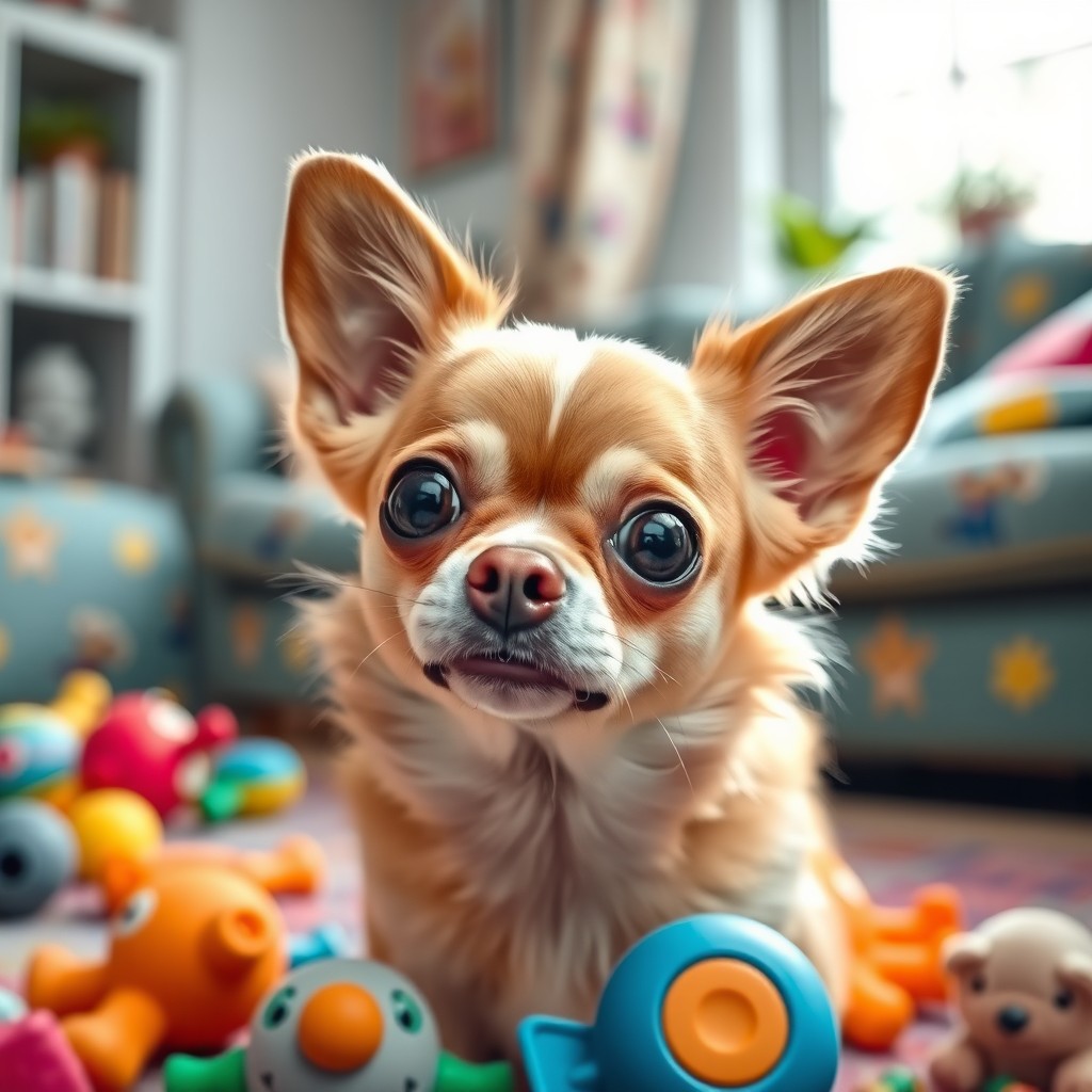 A shocked Chihuahua with wide eyes and a surprised expression, sitting in a colorful living room with toys scattered around