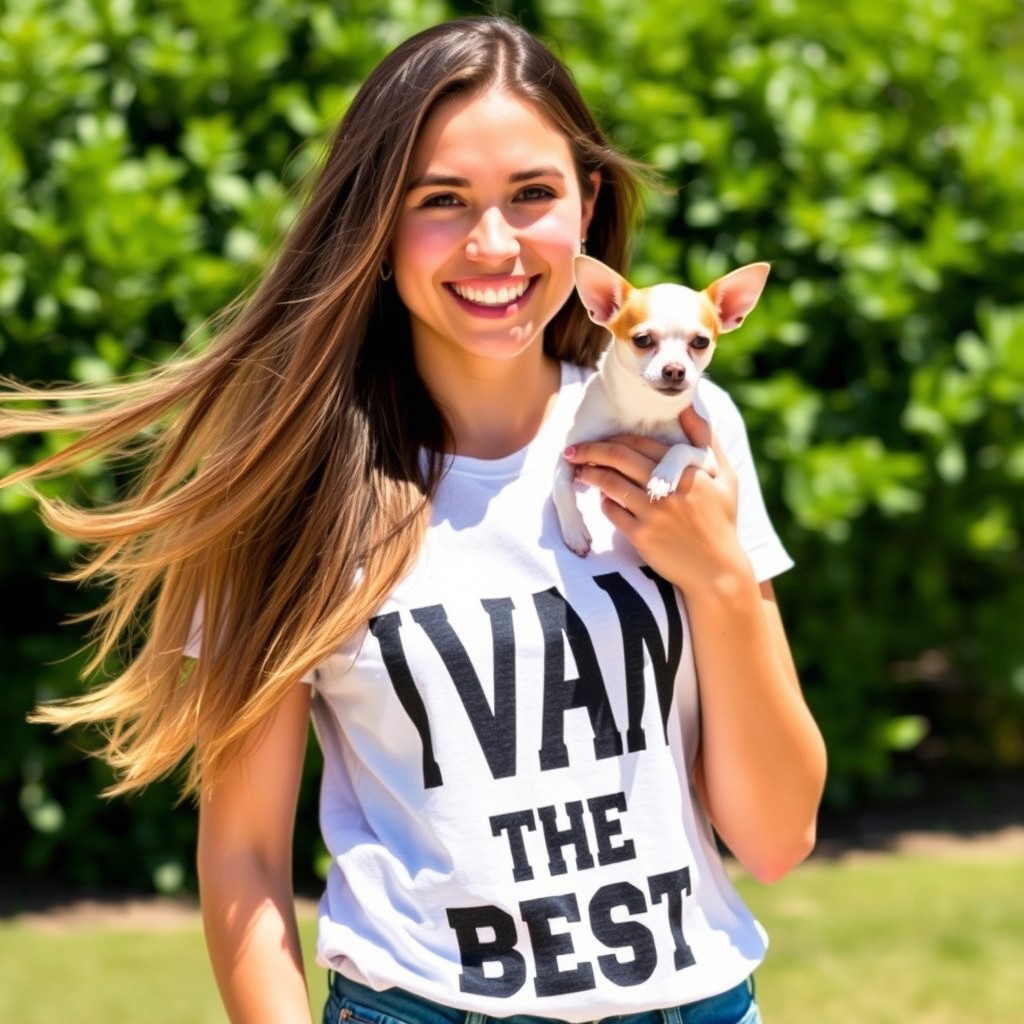 A young woman holding a chihuahua in her arms, wearing a t-shirt that reads 'Ivan The Best'