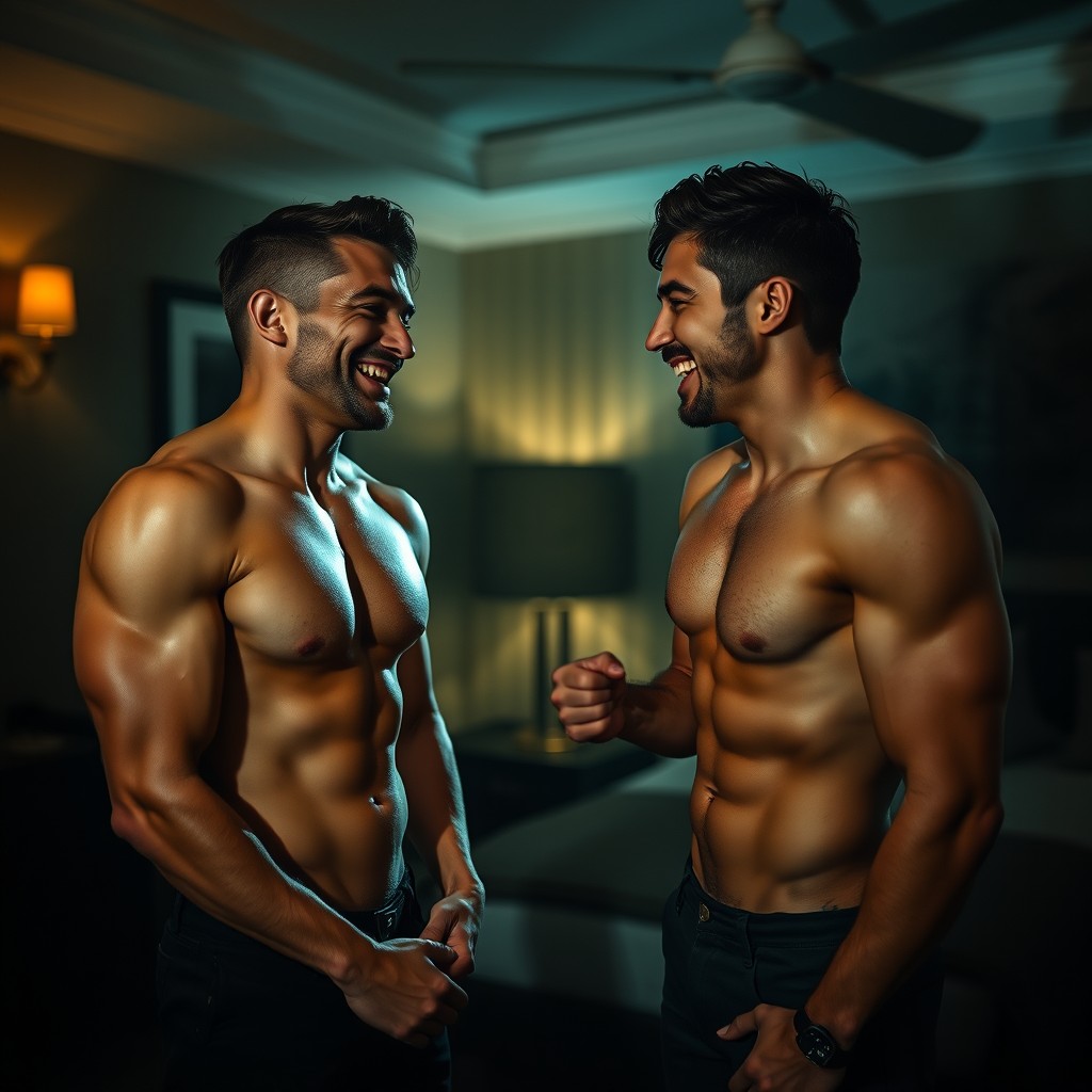 Two handsome men without shirts, displaying muscular physiques, are playfully interacting in a dimly lit hotel room filled with an intriguing ambiance