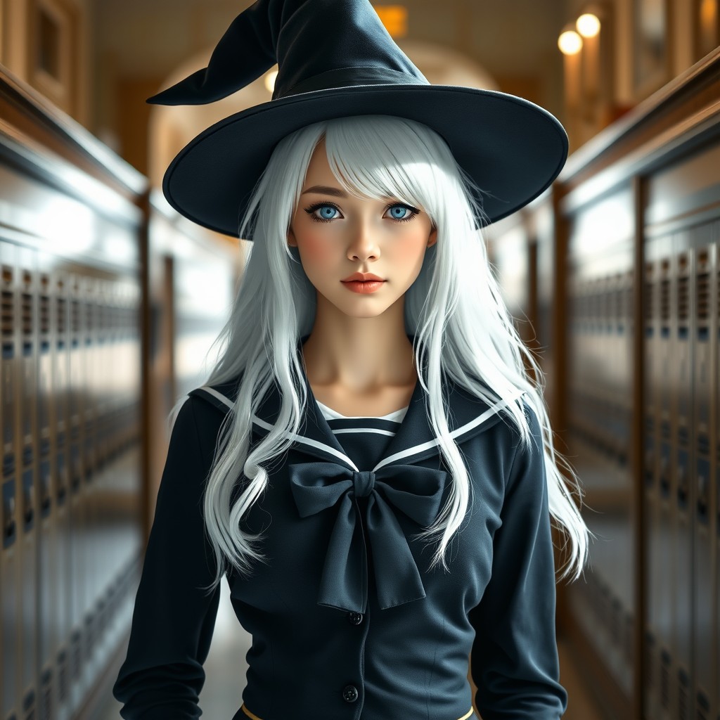 A young woman with striking white hair and light blue eyes stands confidently in a school hallway, wearing a prestigious female school uniform that exudes elegance