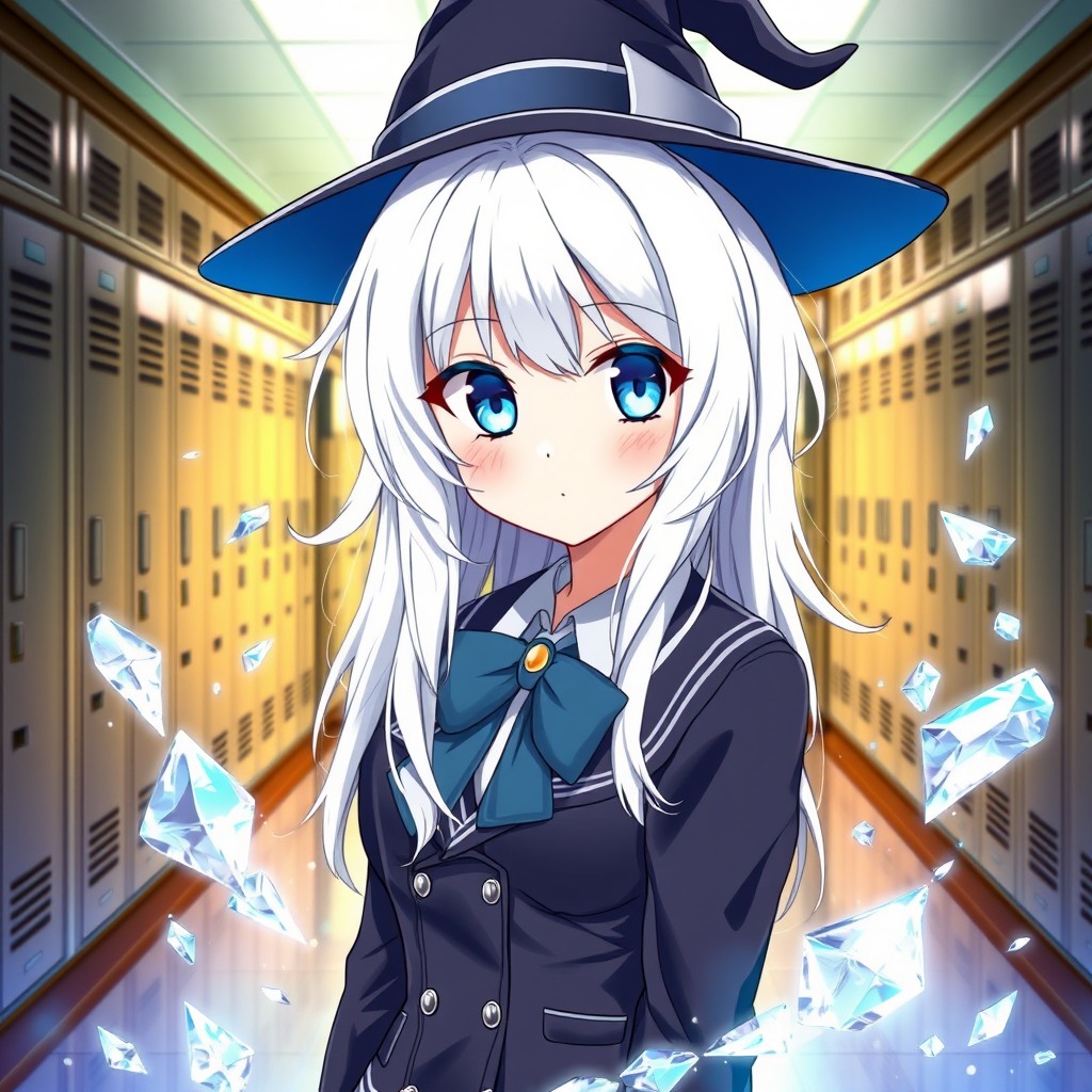 An anime-style illustration of a young woman with vibrant white hair and captivating light blue eyes, positioned in a school hallway