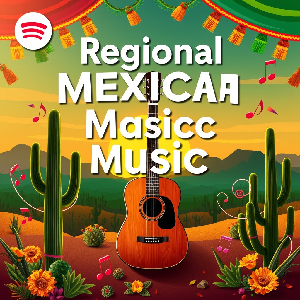 A vibrant and artistic Spotify cover for a regional Mexican music playlist, featuring traditional elements like a guitar, sombrero, and colorful decorations