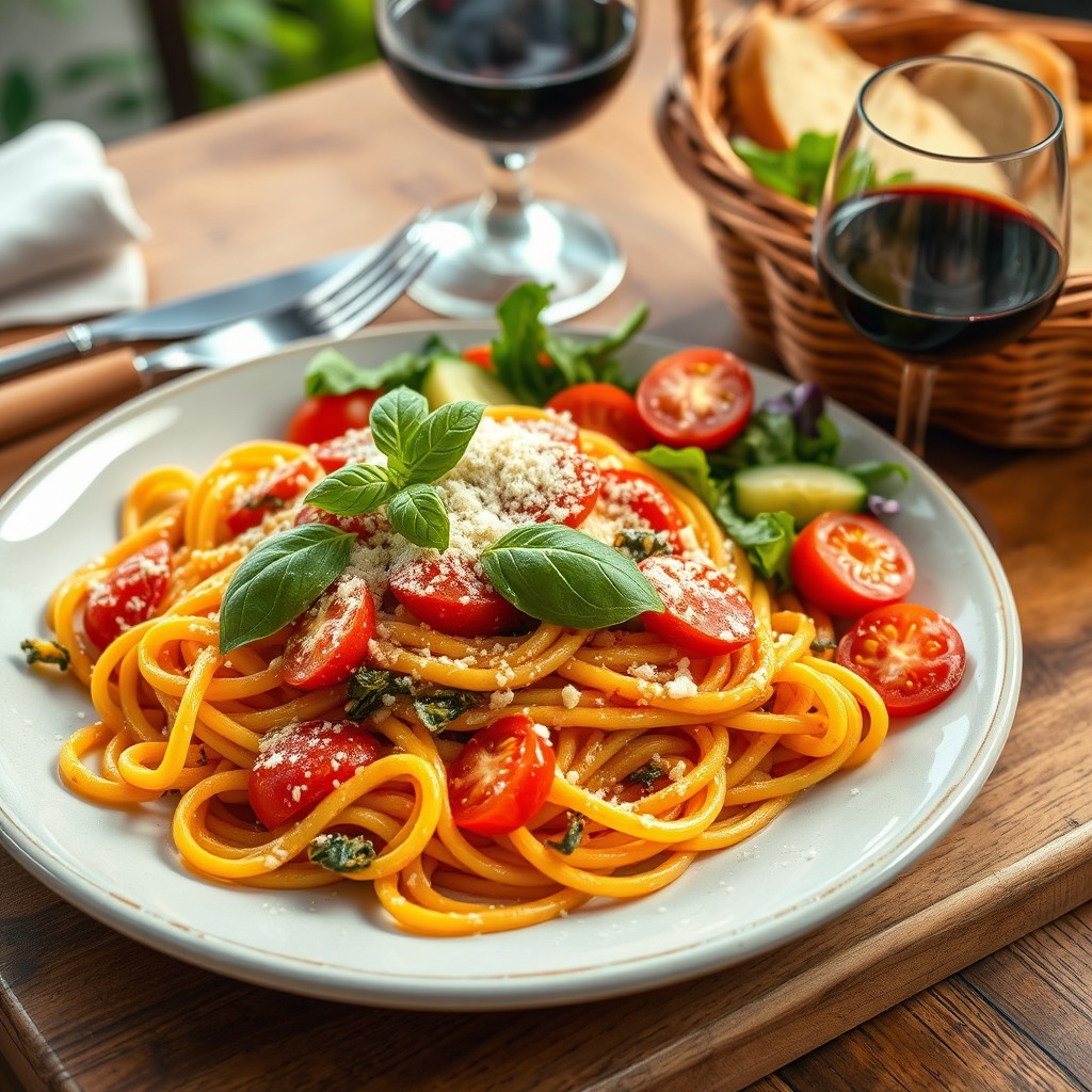 A beautifully presented delicious meal featuring a vibrant plate of gourmet pasta topped with fresh basil and grated parmesan cheese, accompanied by a colorful side salad filled with cherry tomatoes, cucumbers, and mixed greens