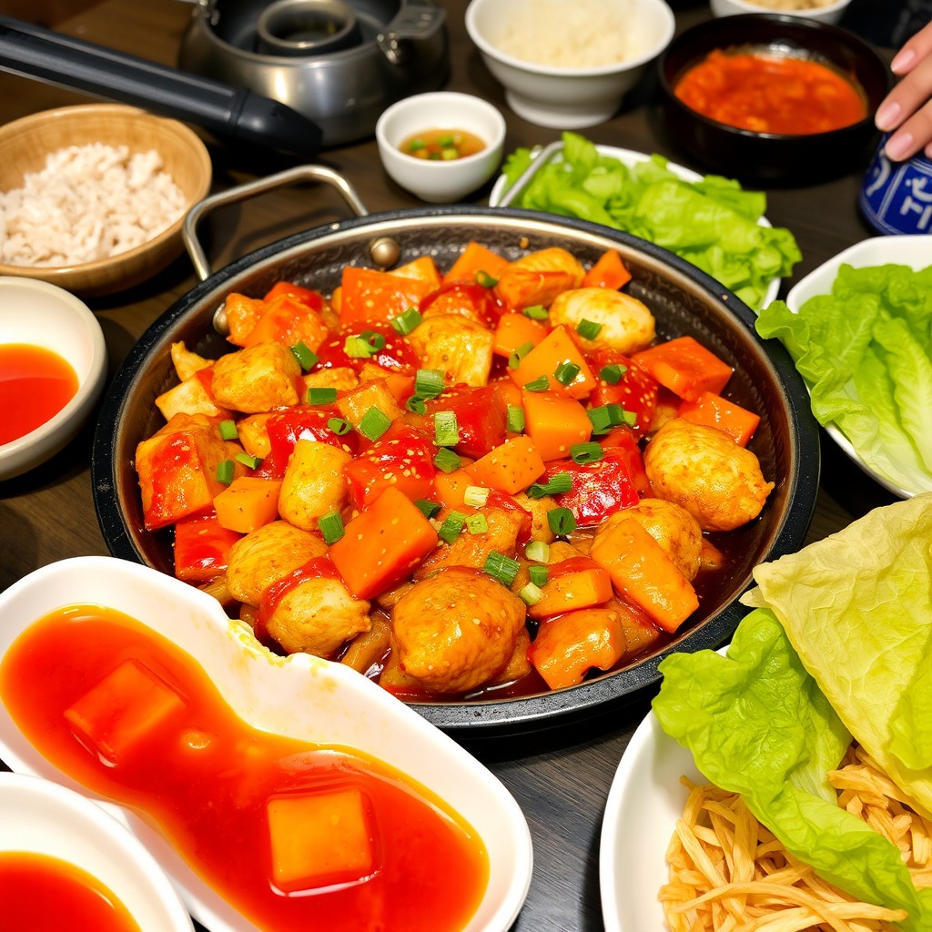 A vibrant and appetizing spread of spicy dakgalbi, showcasing marinated chicken pieces, bright red gochujang sauce, and a mix of colorful vegetables like cabbage, sweet potatoes, and rice cakes sizzling in a hot grill pan