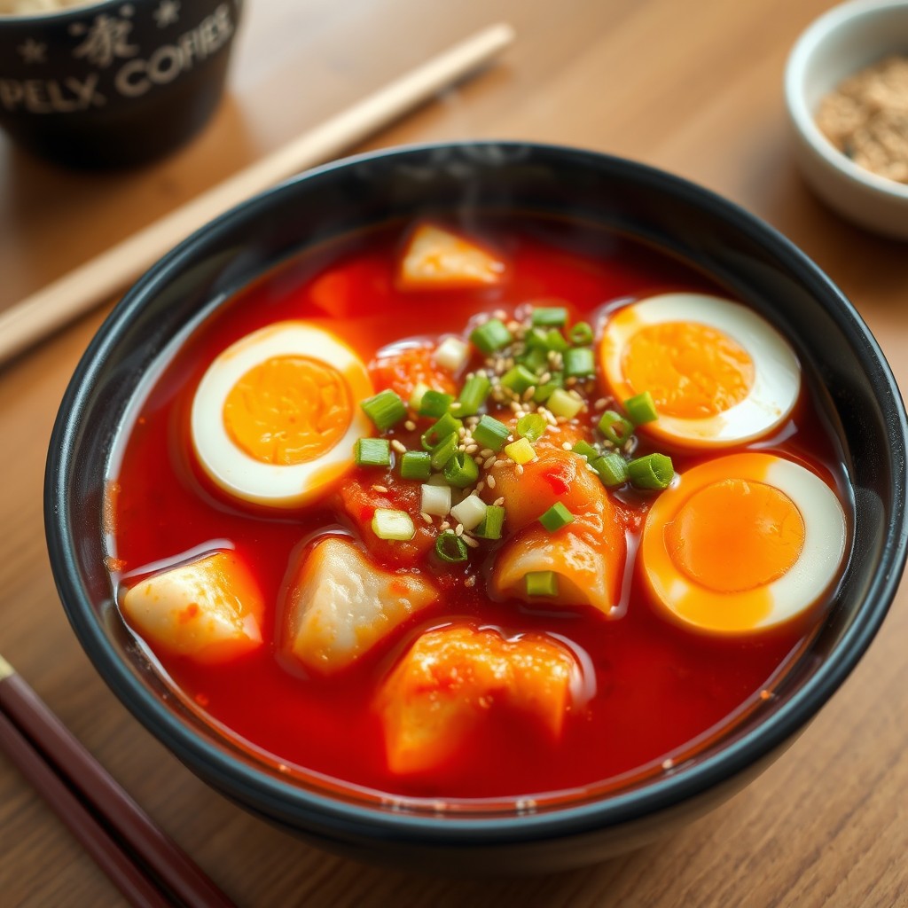 A steaming bowl of spicy tteokbokki, showcasing chewy rice cakes immersed in a rich, glossy red gochujang broth