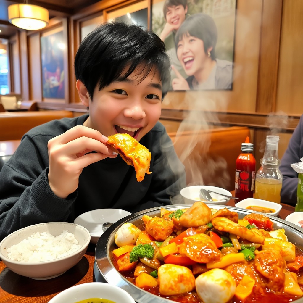 A vibrant and lively scene of someone enjoying Dakgalbi, a Korean dish made with marinated chicken, vegetables, and rice cakes stir-fried together in a spicy sauce