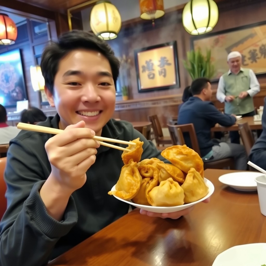 A person enjoying a delicious fried dumpling in a cozy restaurant setting