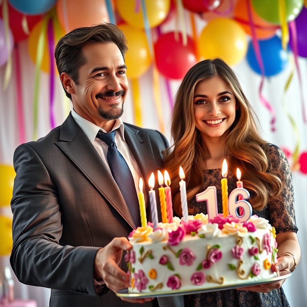 A heartwarming scene of Tony Stark, a charismatic and handsome man in a stylish suit, holding a beautifully decorated birthday cake with lit candles
