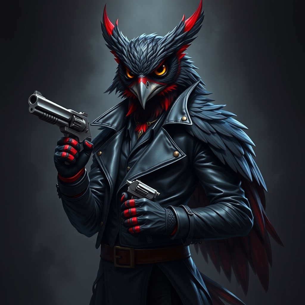 A striking Black and Red Owlin character, embodying the traits of an artificer, depicted in a dynamic pose