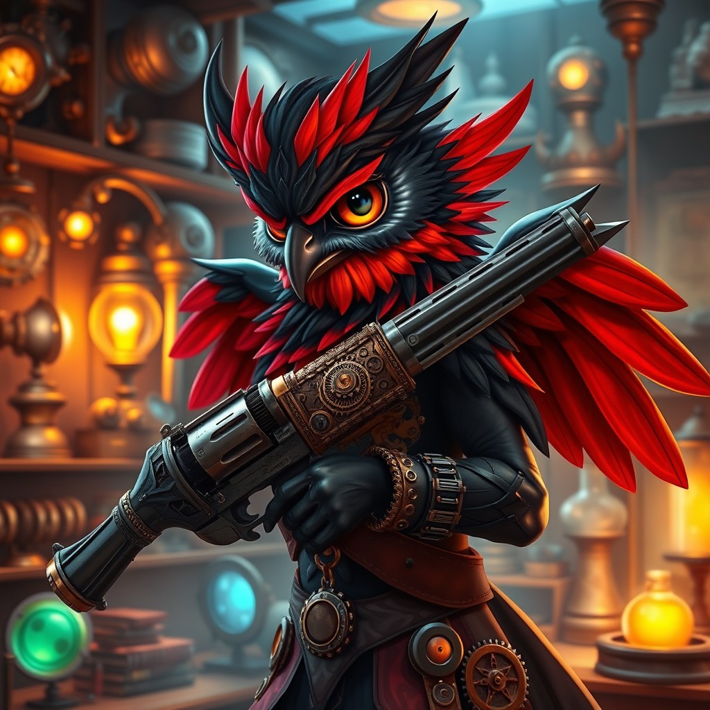 A stunning Black and red Owlin, depicted as a skilled Artificer, expertly holding a sleek, ornate Revolver