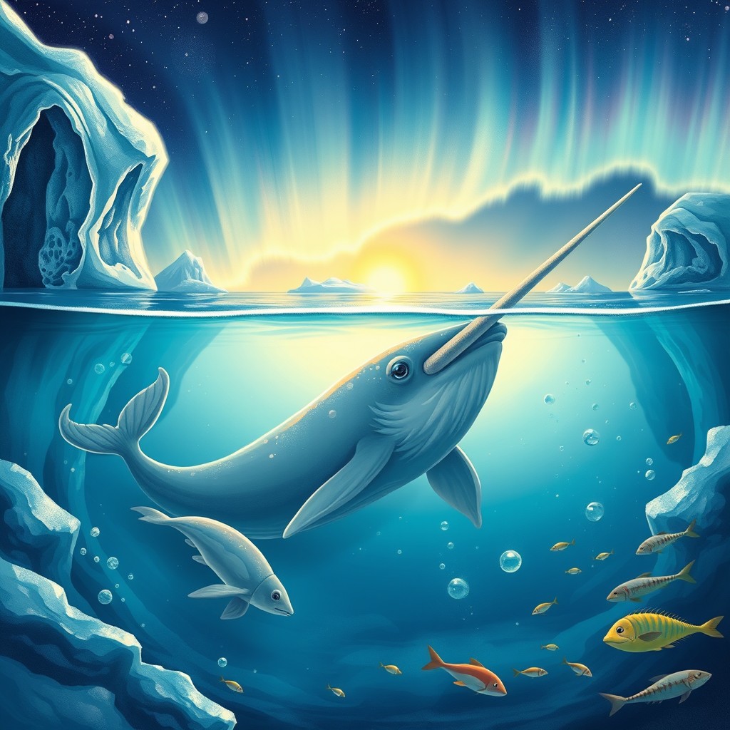 Illustration of a narwhal's life in its natural Arctic habitat, showcasing its majestic long tusk piercing through the water surface, surrounded by shimmering icebergs and vibrant marine life