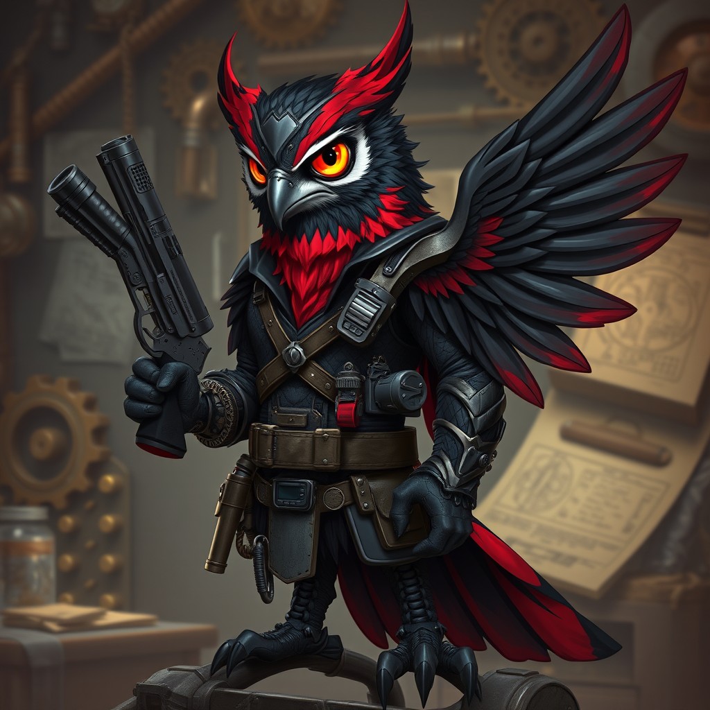 A Black and red Owlin, a fantastical avian humanoid with sleek feathers blending deep black and vibrant red, wearing an intricately designed artificer's outfit filled with gadgets and tools