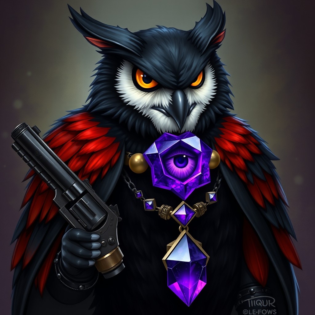 A striking Owlin character with black and red feathers, embodying a skilled artificer
