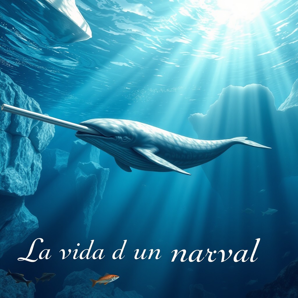 A realistic documentary-style image illustrating the life of a narwhal, showing the creature swimming in its natural Arctic habitat