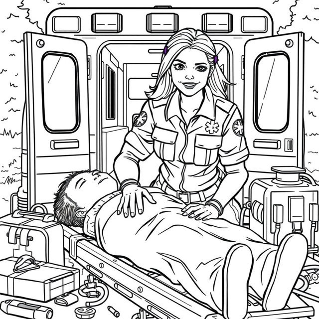 A detailed black and white coloring page featuring a female EMT in action, wearing a uniform with the emblem of an ambulance service