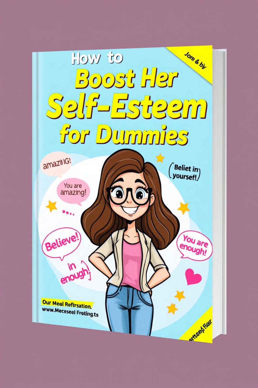 A cartoon-style book cover titled 'How to Boost Her Self-Esteem for Dummies', featuring a confident woman with a big smile surrounded by positive affirmations like 'You are amazing!', 'Believe in yourself!', and 'You are enough!'