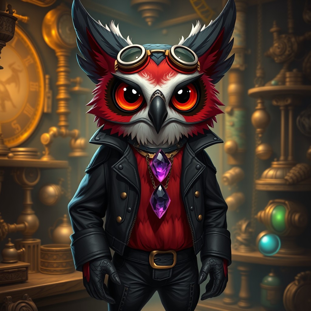 An Owlin character, featuring a striking black and red color scheme, portrayed as an artificer