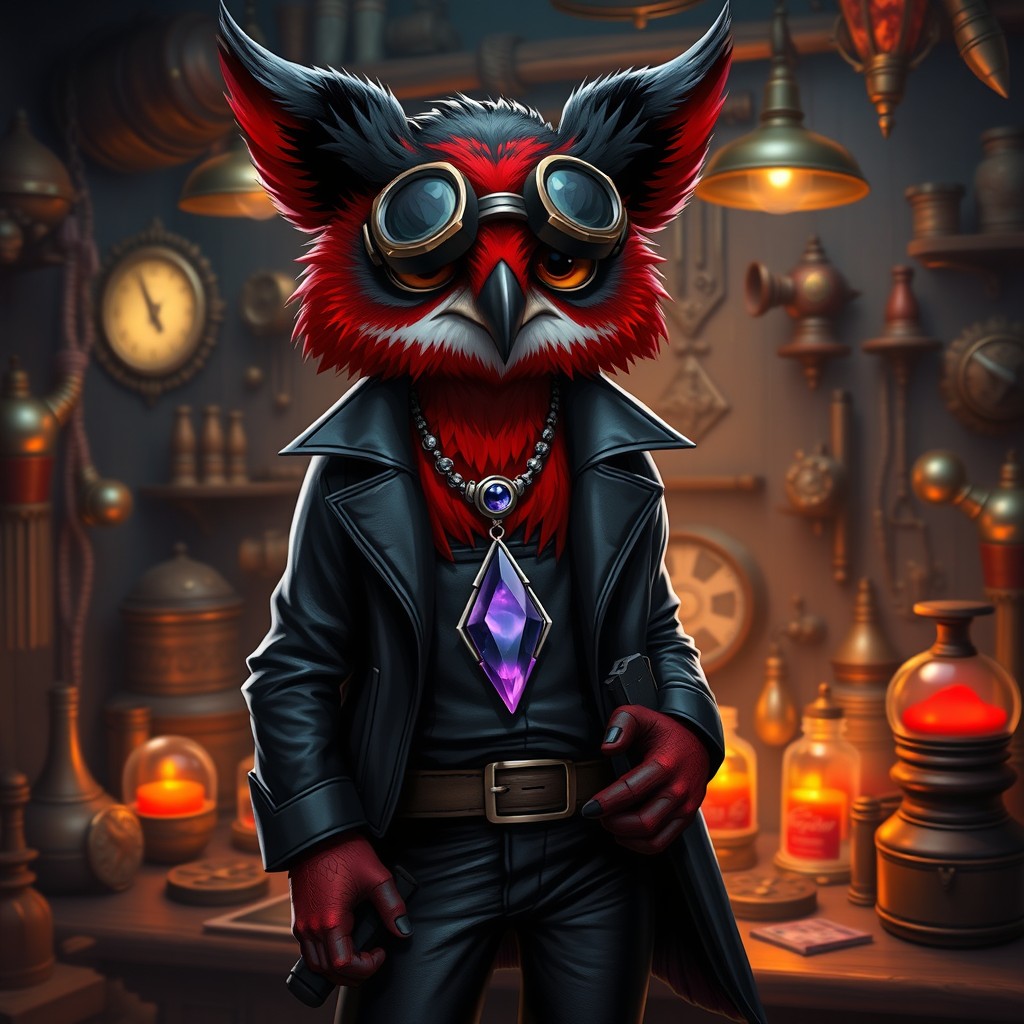 An Owlin character with a striking black and red color scheme, depicted as an artificer