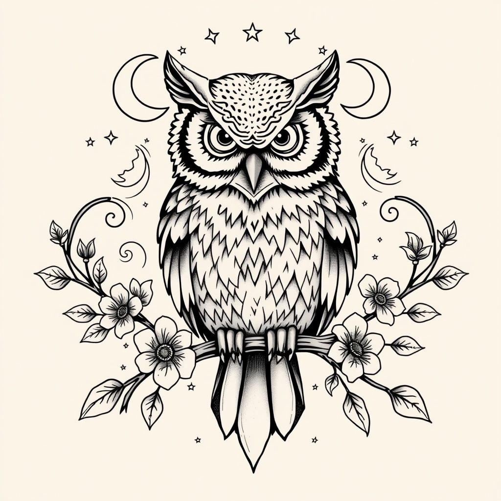 A bold and intricate tattoo design featuring a majestic owl with detailed feathers perched on a branch