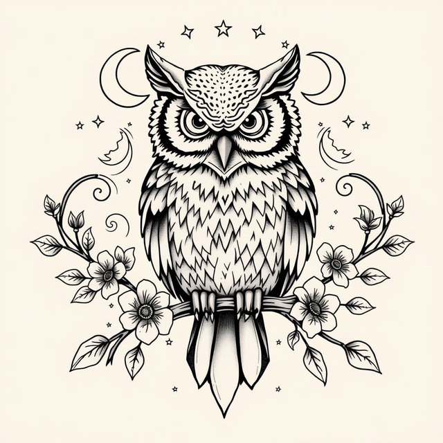 A bold and intricate tattoo design featuring a majestic owl with detailed feathers perched on a branch