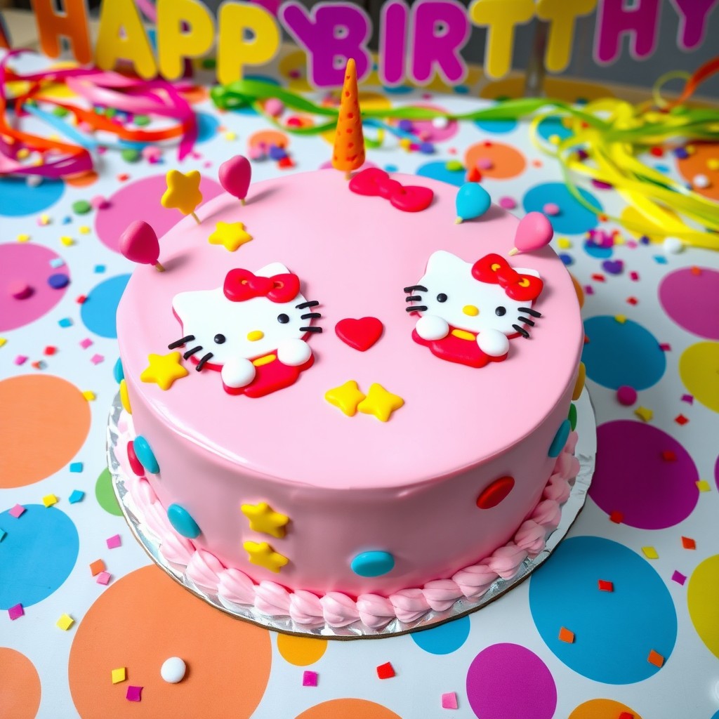 A delightful birthday cake themed around Hello Kitty and her sister Mimmy, adorned with vibrant colors and festive decorations