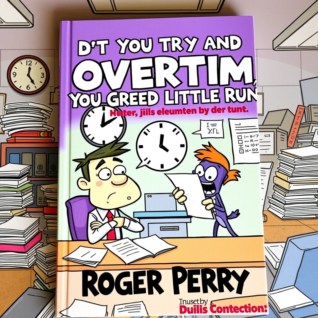 A book cover for 'Don't You Try and Take My Overtime, You Greedy Little Runt!' by Roger Perry, featuring a humorous and playful illustration