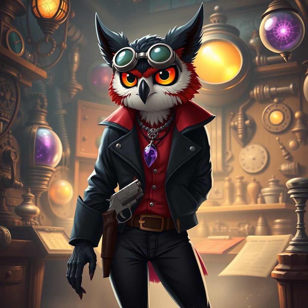 An Owlin character, featuring a black and red color scheme, depicted as an artificer