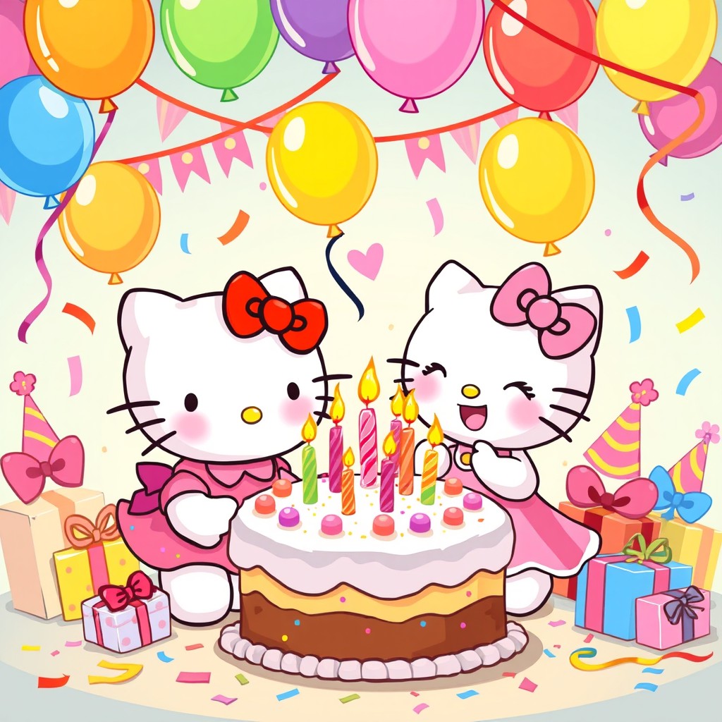A vibrant and cheerful illustration of Hello Kitty and her sister Mimmy joyfully singing at a colorful birthday party