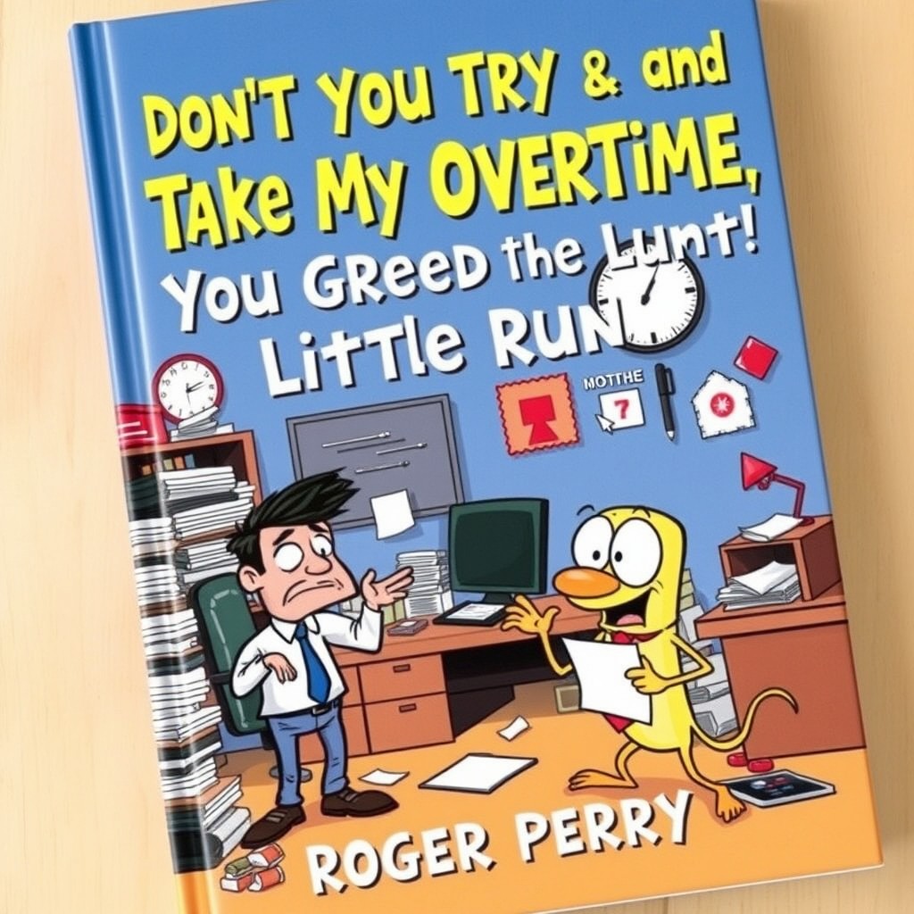 A book cover for 'Don't You Try and Take My Overtime, You Greedy Little Runt!' by Roger Perry, featuring a humorous and engaging design