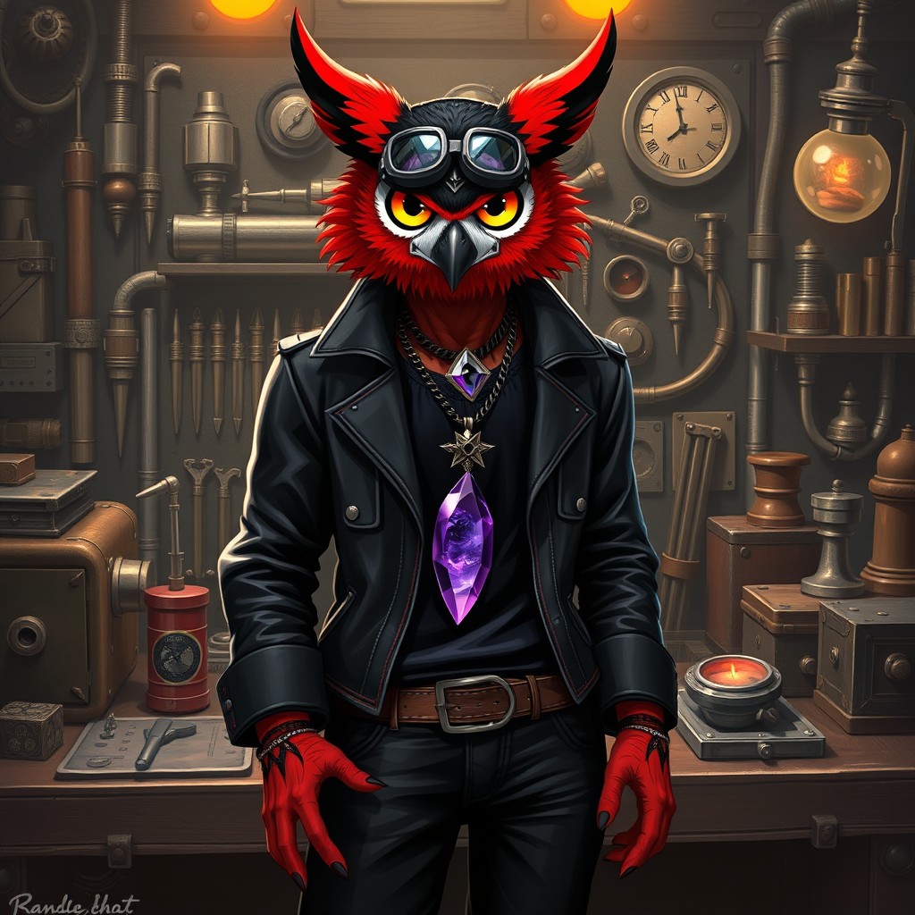 A male Owlin character, featuring a striking black and red color scheme, depicted as an artificer