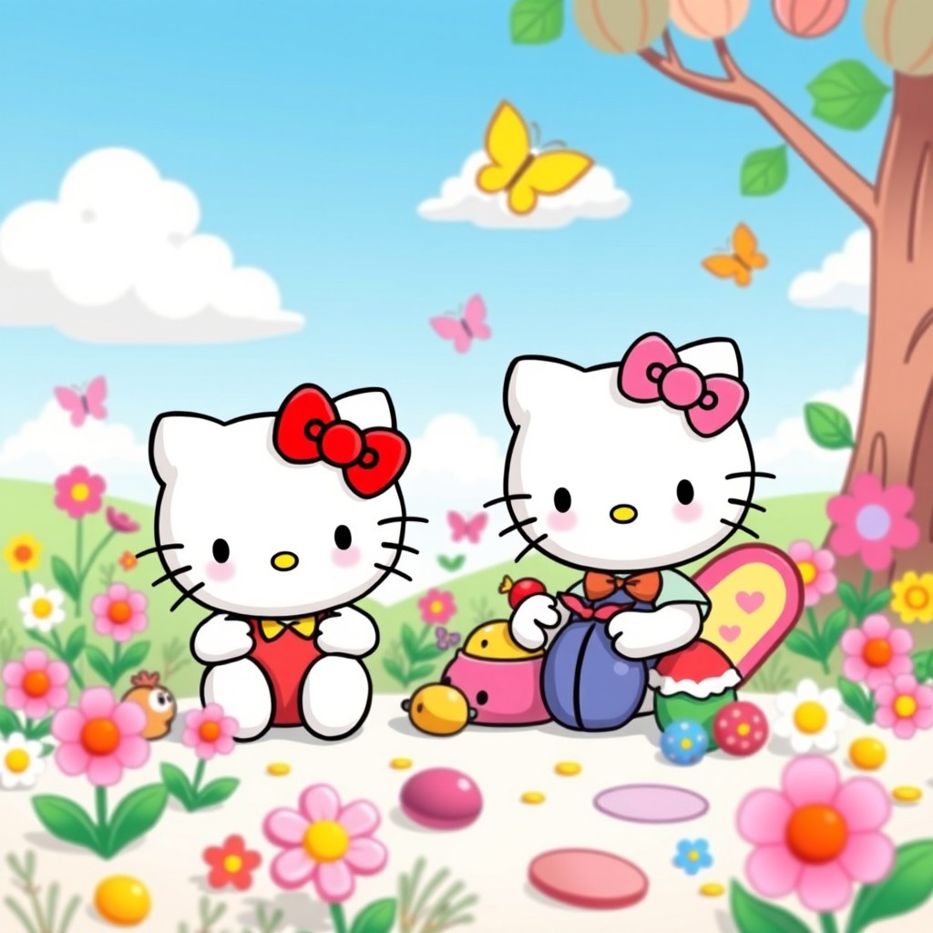 A vibrant cartoon scene featuring Hello Kitty and her sister Mimmy, both depicted with their signature bow styles - Hello Kitty with her classic red bow and Mimmy with her yellow bow